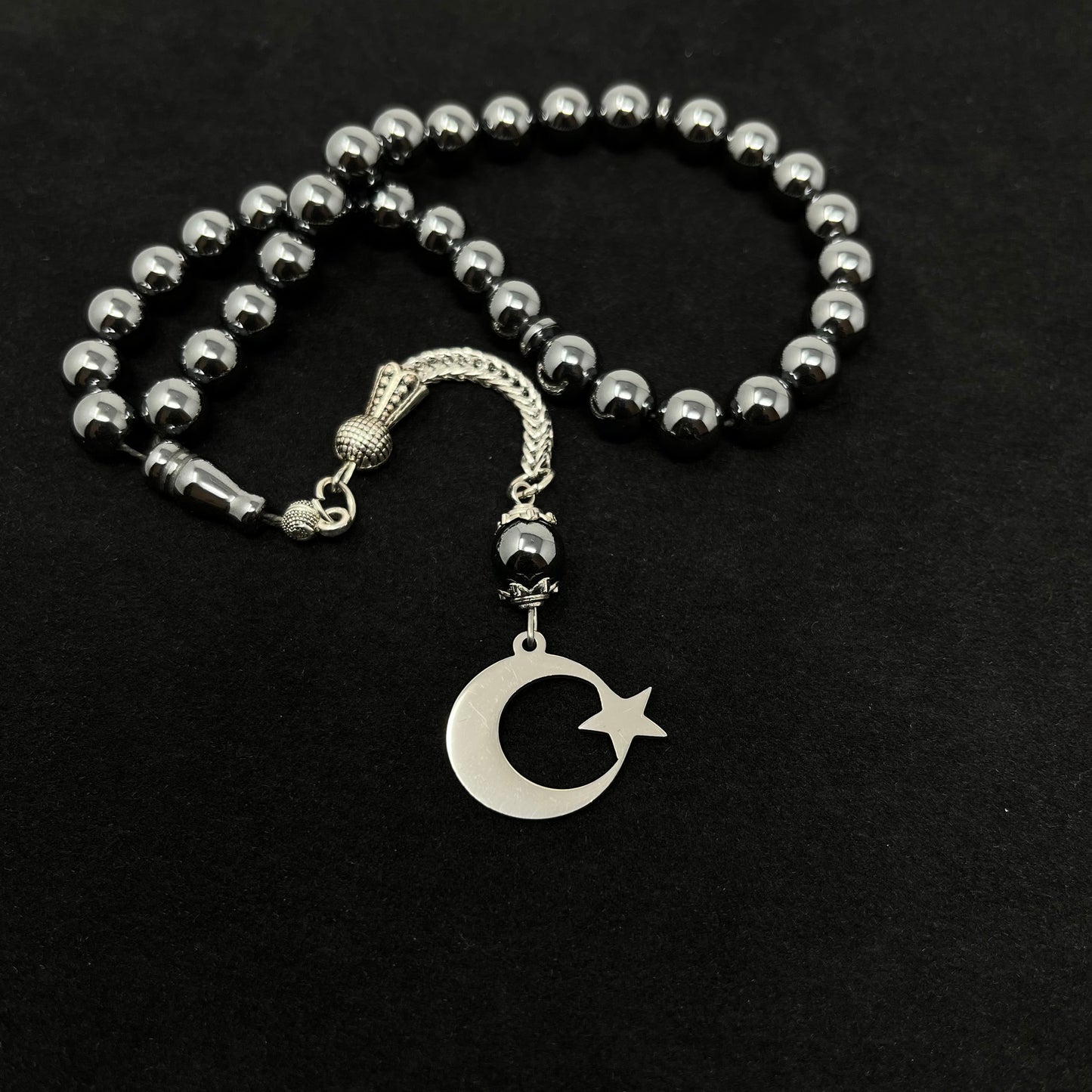 Türkei Hand-Tesbih – Hämatitschwarz (Halbmond & Stern)